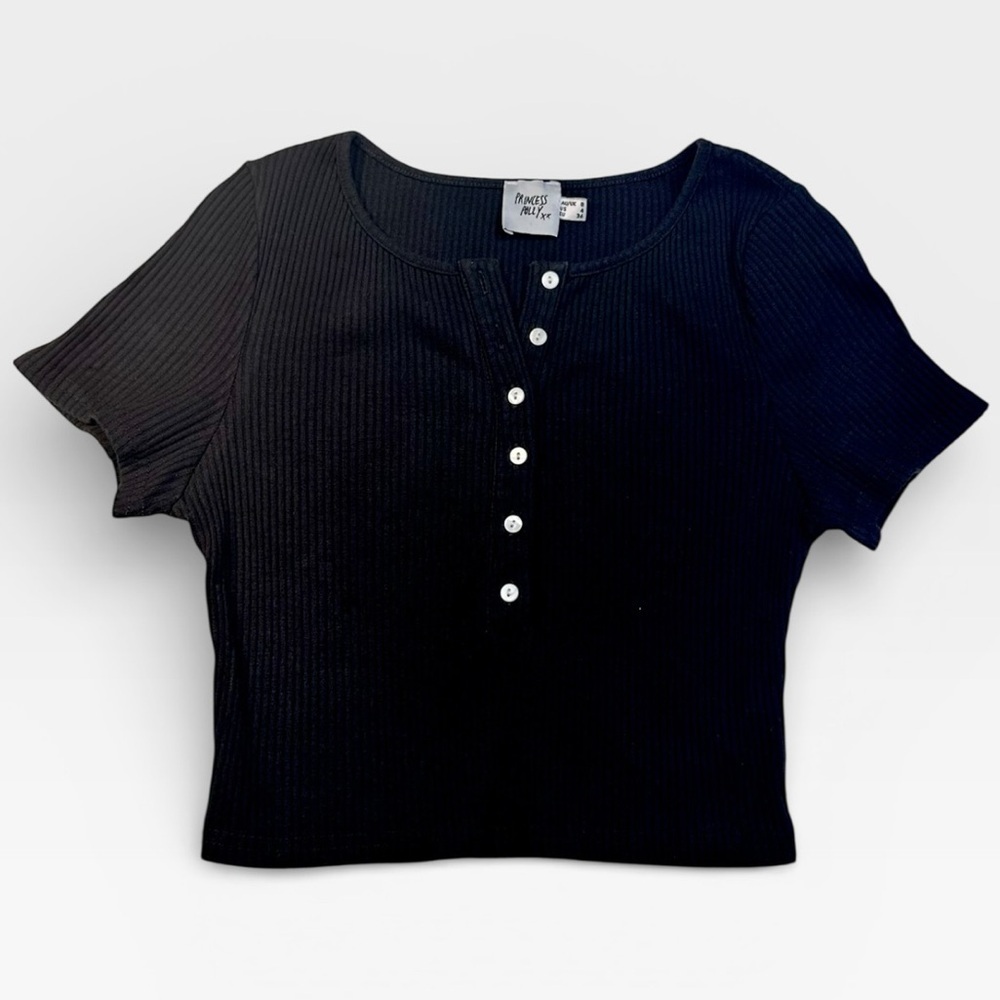 Princess Polly Black Ribbed Quarter Button Up Crop Top US 4